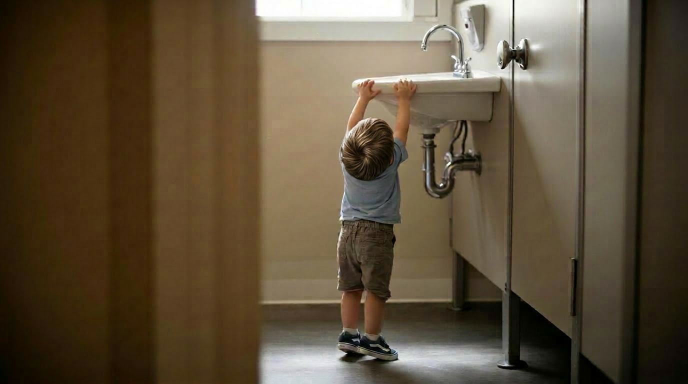 A small child standing on tiptoes, reaching up toward a tall stainless steel public restroom sink they cannot reach.